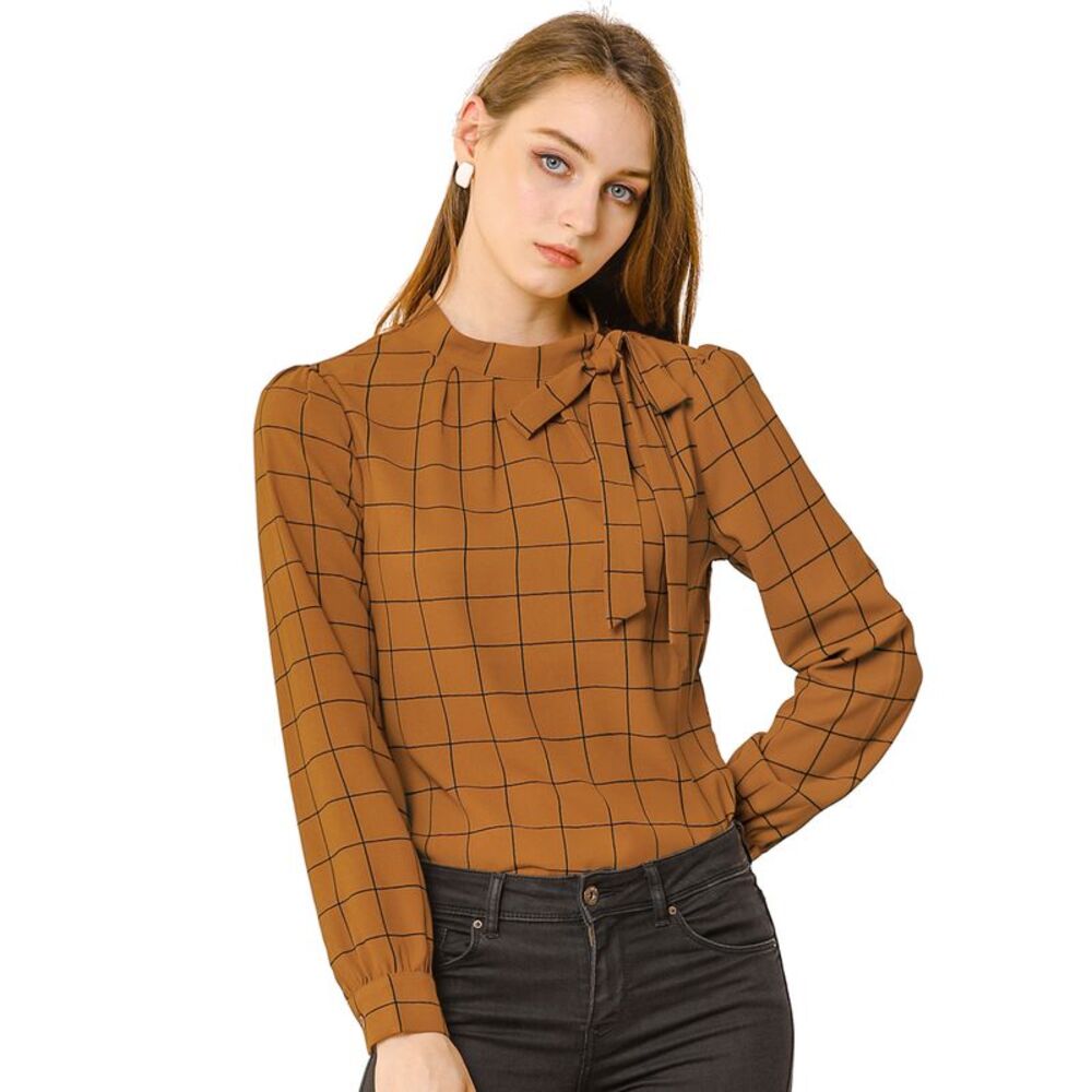 Women's Bow-Tie Neck Blouse Checks Shirt Tops Brown
